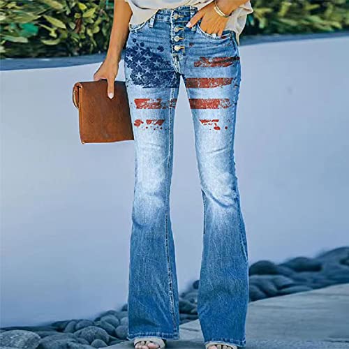 Womens American Flag Print Bootcut Jeans Button Flared Jeans for July 4Th2