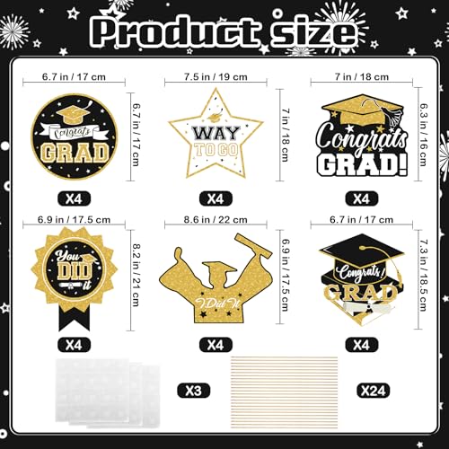Image of 2026 Graduation Party Decorations - 24 Pcs Class of 2026 Congrats Grad Table Centerpieces Graduation Table Decorations Sticks Table Toppers for Graduation Party (Black Gold)