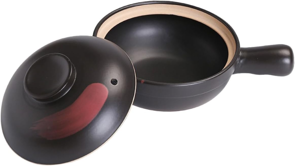 Luxshiny Large Black Red Clay Casserole Pot with Handle for Gas Stove Cooking Heat Resistant Stewpan for Home Kitchen Even Heating and Insulation for Small Portions Cookware