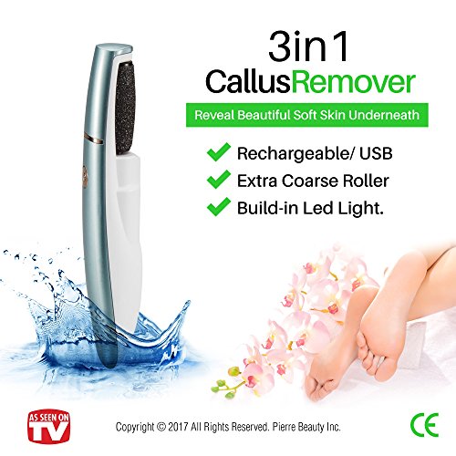 Electric Callus Remover with Built in Battery/Rechargeable Electronic Derma Roller/Callus, Dry Cracked Skin Remover/Water Resistant/USB cable/Led Light/Grinding Derma Roller