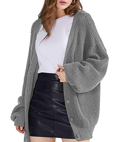 Image of QUALFORT Women's Oversized 100% Cotton Cardigan Sweater | Long Sleeve V Neck Button Down Open Front Knit Outerwear