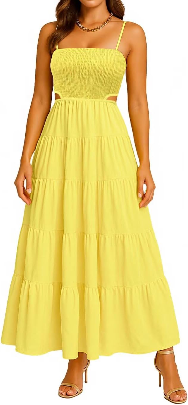 Womens Spaghetti Strap Sundress Casual Summer Long Maxi Dress Smocked A Line Swing Cocktail Party Vacation Dresses