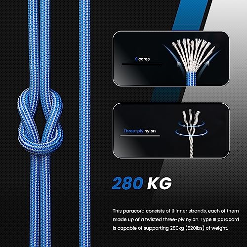Abma Cord Paracord 620 lbs 4mm 9 Strands 100% Nylon 30M - Dark Blue & Silver Grey, Stripes-dark Blue & Silver Grey, 30 Meters - Image 3