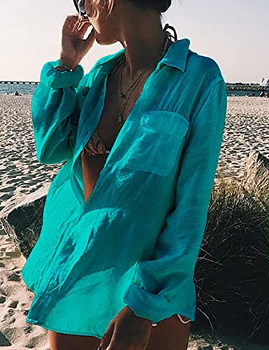 Image of Bsubseach Women Long Sleeve Beach Shirt Blouses Bathing Suit Cover Up Button Down Collar