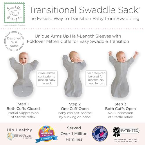 Image of SwaddleDesigns Transitional Swaddle Sack, Arms Up Half-Length Sleeves & Mitten Cuffs, Swaddle for Newborn Transition to Baby Sleep Sack Wearable Blanket, 0-3 Month, 6-14 lb, Gray with Striped Trim