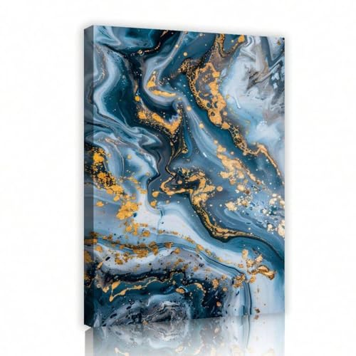Art mural abstrait sur toile bleu et or foncé 65x130 cm avec cadre interne
