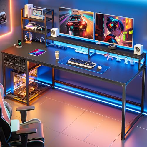 Image of EnHomee 55 Inch Gaming Desk with Hutch and Drawers,Reversible Computer Desk with Monitor Shelf,Home Office Desks with USB Power Outlets and Storage,Pc Work Desk for Office with LED Lights,Black