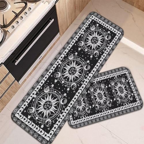 Boho Celestial Kitchen Rugs Set of 2, Farmhouse Bohemian Occult Crescent Kitchen Rug, Washable Non-Slip Kitchen Floor Mats Kitchen Decor, 16"×24"+16"×47", Black Black Boho 16"x24" + 16"x47"