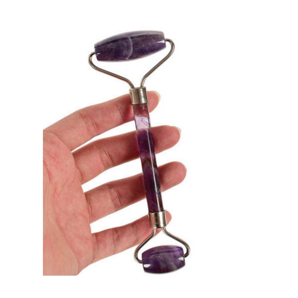 Rouleau de massage en jade améthyste naturelle Quartz Rouleau de massage en pierre de jade pour le visage et le cou Outil de massage anti-rides avec double tête et outil de massage Gua Sha