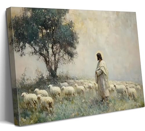 Vintage Jesus and Lamb Canvas Wall Art Jesus Christ The Good Shepherd Picture Wall Decor Christian Bible Stories Spiritual Poster Painting Prints Artwork for Living Room Bedroom Church Prayer Room