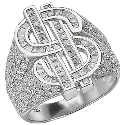 HarlemBling Solid 925 Sterling Silver - Money $ Ring - Iced Flooded Out Baguette Diamond Mens Hip Hop Dollar Sign Ring - Sizes 7-13