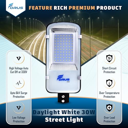Image of Forus 30W LED Street Light Outdoor with 4Yr Warranty, High Lumen 120 lm /W Waterproof Natural White Light, Energy Saving Aluminium LED Street Lamp for Road, Parking Lot, Industrial Area Lighting (1 PC)