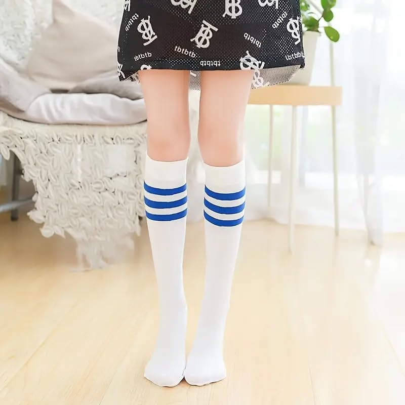 1 Pair of Women's White Socks With Three Blue Stripes For Women, Mid-Length Socks, Sweet Style