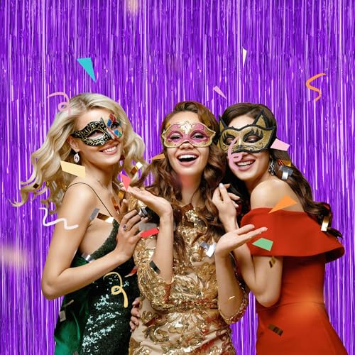 Image of ZATAYE 2 Pack Purple Foil Curtain Streamer Decorations | Purple, Metallic Foil, 3.28 x 7.05 FT, Tinsel Backdrop, Foil Curtain Streamer, Party Decor, Photo Booth Door Wall Decor