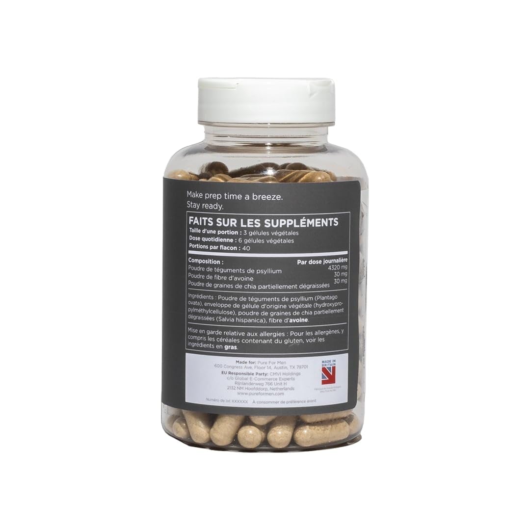 Pure For Men Supplément de fibres Original Cleanliness Stay Ready 120 capsules végétaliennes aide à promouvoir la régularité digestive Cosse de psyllium graines de chia fibres d'avoine