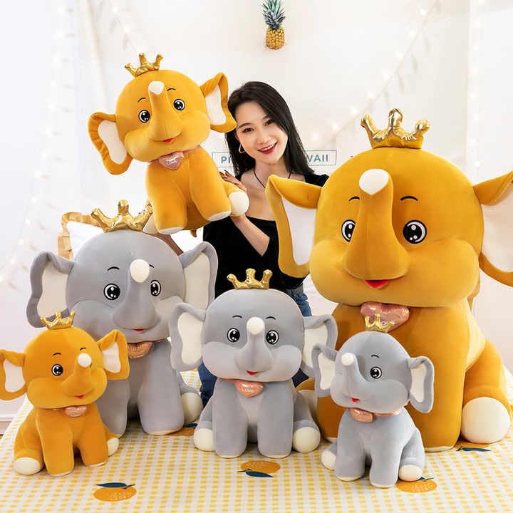 Image of Lovely Elephant with Crown Super Soft Stuffed Plush Toy Cartoon Characters Kids Favorite Ellie Soft Toy Animal Smile Home Decoration Item 35 cm
