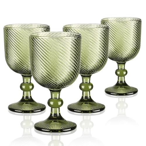 Joeyan 350ml Bicchieri acqua Vetro Verde Calici,4 pezzi Colorati Bicchieri Decorati Vetro in Scanalato Rilievo,Vintage Calici Vino Rosso per Cocktail Liquore Grappa,Lavabile in Lavastoviglie