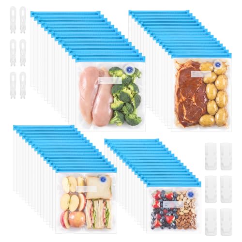Image of 60 Pack Reusable Sous Vide Bags Vacuum Sealer for Food with 10 Sealing Clips, 4 Sizes BPA-Free Vacuum Zipper Storage Freezer Bags with Air Valve, Double Layers Leak Proof Design for Food Storage