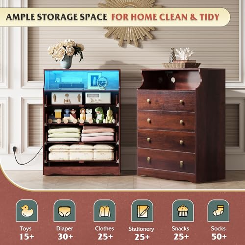 WLIVE LED Dresser for Bedroom, Tall Wood Dresser with 4 Drawers and Open Shelf, Chest of Drawers with Charging Station and LED Lights for Living Room, Hallway, Closet, Rustic Brown