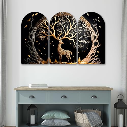 Image of Livin'luxe Golden Deer Arch Shape Wall Painting Set of 3 | Luxury MDF Panel Art with HD Textured Print | Modern Living Room, Bedroom, Hall & Home Decoration Wall Frame (30 x 50 Inch) RPNL-35378