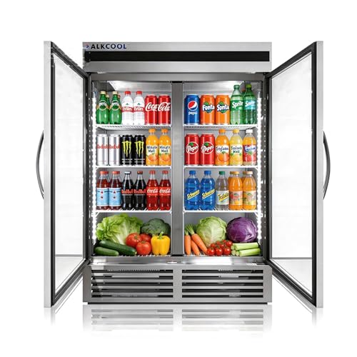 Image of Commercial Stainless Steel Beverage Refrigerator Display Fridge,Two Glass DoorMerchandiser Drink Cooler with LED Light Adjustable Shelves,46 Cu Ft, ETL Sanitation,(Wheels Not Included)