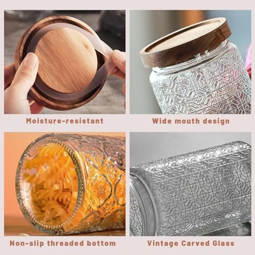 Image of Vintage Glass Jars with Wooden Lids, 34 oz Airtight Glass Food Storage Containers Sets for the Kitchen, Sugar Candy Coffee Cookie Tea Spice Pasta