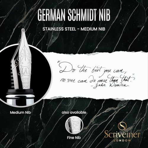 Image of Scriveiner Black Green Fountain Pen - Stunning Luxury Pen with Chrome Finish, Schmidt Nib (Medium), Best Pen Gift Set for Men & Women, Professional, Executive, Office, Nice Pens