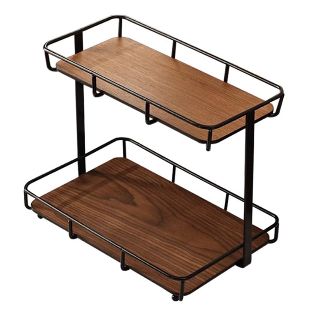 Metal & Wood Bathroom Counter Organizer 2 Tier Countertop Storage Shelf Tiered Spice Rack Dresser Vanity Tray Walnut Color, For Skincare, Cosmetics, Perfumes, Lotions, Toiletries