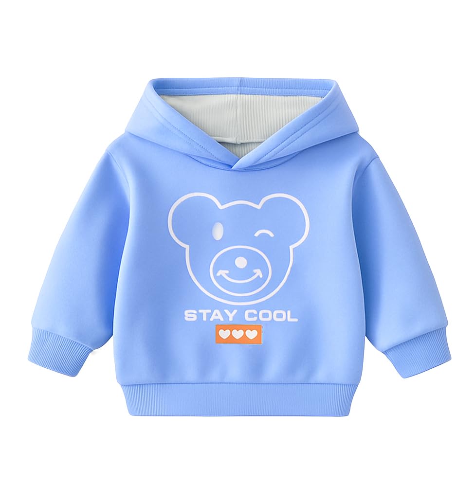 Bold N Elegant Cartoon Bear in Hood Print Kids Full Sleeve Warm Thick Fur Fleece Winter Tshirt Sweatshirt Hoodie for Infant Toddler Baby Boy & Girl (6-12 Months, Blue)