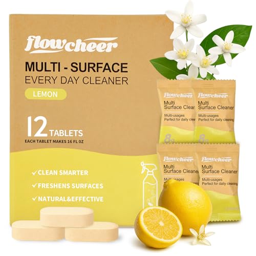 flowcheer Multi Surface Cleaner Refills -12 Pack All Purpose Cleaning Refill Tablet-Makes 192 fl oz Bottles of Spray Cleaner for Household&Kitchen Cleaning (Lemon)