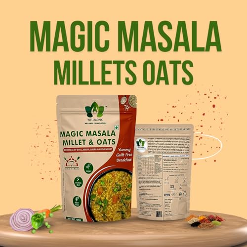 Image of WellMonk Magic Masala Millet & Oats - Healthy Instant Breakfast, Rich in Wholegrains & Vegetables|Vegan|Protein-Rich|Fiber-Rich| Goodness of Oats,Jowar, Bajra&Kodo Millets Pack of 1 400g