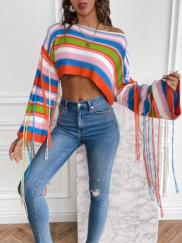 Image of BAIMORE Women's Chic Crochet Boat Neck Rainbow Striped Long Sleeve Crop Sweater with Tassels