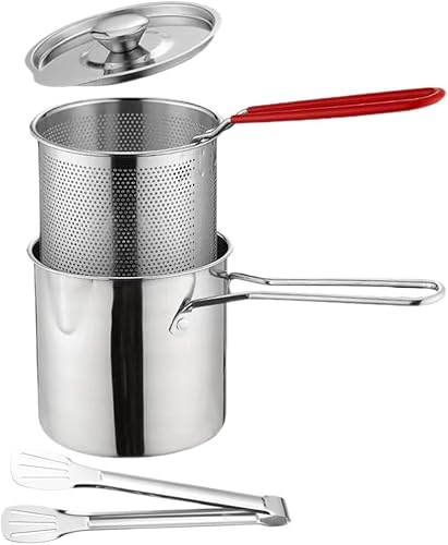 Miniatura 1 de ABOOFAN Olla de acero inoxidable para freír con tapa de cesta, pinzas, pequeña freidora de aceite profunda, olla de cocina de alimentos, freidora de