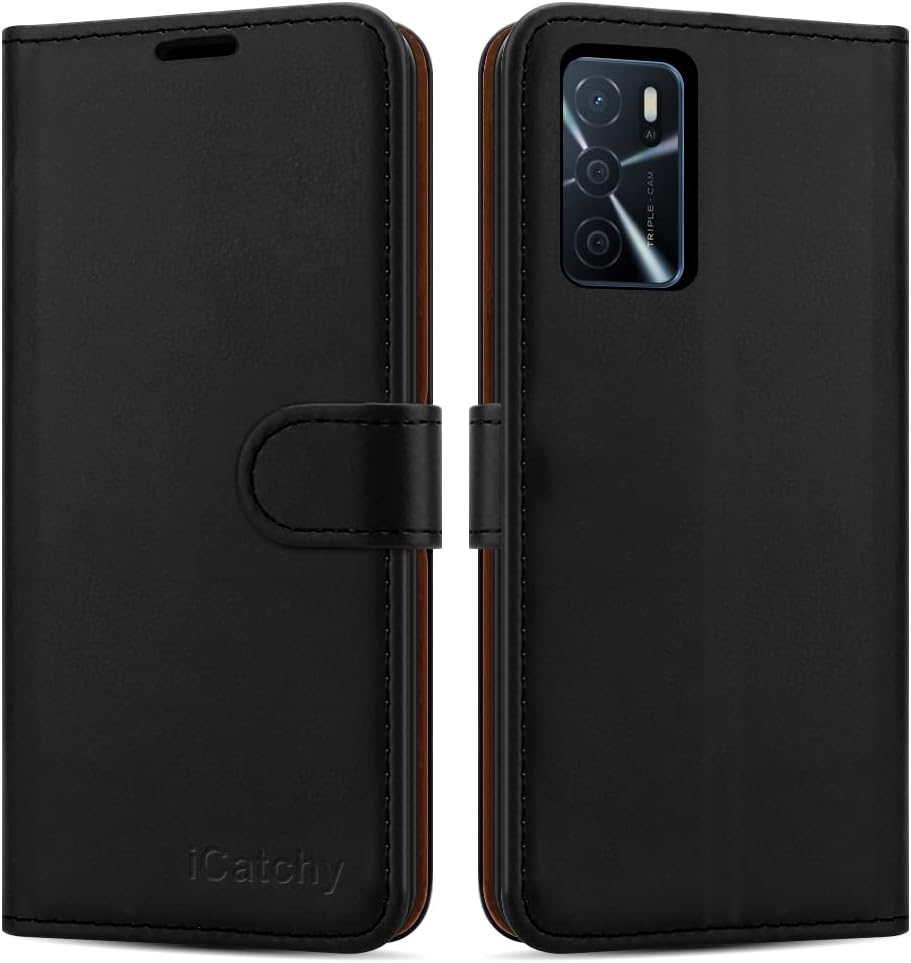 iCatchy for Oppo A16s Case / A54s Case Leather Wallet Book Flip Folio Stand View Magnetic Closure with Card Slots Cover (Black)