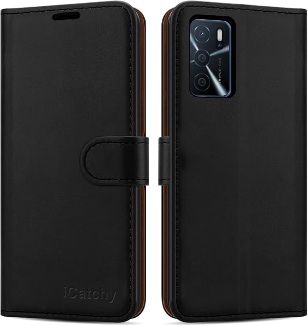 iCatchy for Oppo A16s Case / A54s Case Leather Wallet Book Flip Folio Stand View Magnetic Closure with Card Slots Cover (Black)
