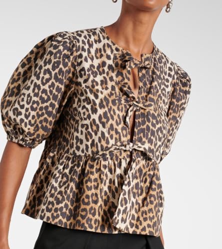 Women Tie Front Tops Leopard Printed Peplum Babydoll Blouse 3/4 Puff Sleeve Lace Up Going Out Shirt Tops(A Leopard 011,Small) - Thumbnail 6
