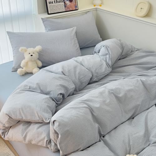 Image of mixinni Striped Duvet Cover Set- 100% Washed Cotton Blue Comforter Cover with White Pinstripe Stripes Pattern Printed Bedding Set with Zipper Closure, 3 Pieces,Full Size