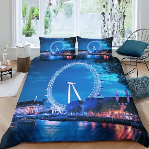 Housse de Couette 220x240 cm London Eye Parure de Lit Vue Nocturne de la Ville 2 Personnes Housse Couette Imprimée 3D Microfibre Douce avec Fermeture Éclair...