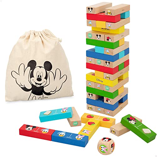 WOOMAX Disney - Mickey Torre de bloques infantil, Juego apilable de construcción para niños 4 años, Bloques de madera, Juguetes de madera (48731)