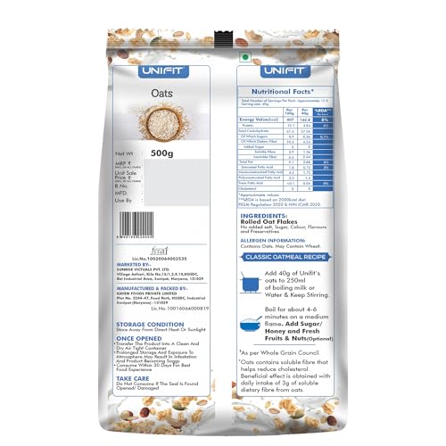 Image of UNIFIT Oats 100% Natural Wholegrain | High Protein & Fibre | Diet Food | Oats for Weight Management & Reducing Cholesterol Rolled Oats 500g