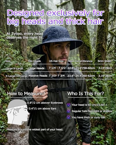 Image of Zylioo XXL XL Waterproof Sun Hat for Big Heads Men Women, Wide Brim Boonie Hat, Large Head Outdoor Rain Hat Safari