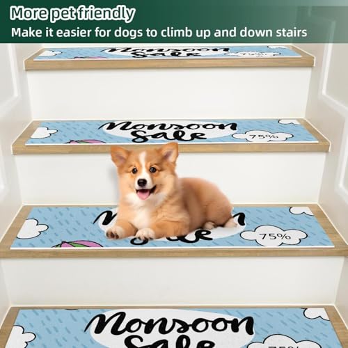 Alfombra para peldaños de madera en juego de 15 piezas y formato de 76 x 20 cm con borde azul 6
