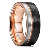 King Will Tungsten Carbide Wedding Band for Men - 8mm Black Hammered Design Grooved Center Matte Finish Edge with Inner Rose Gold Plated Ring for Everyday Wear Comfort Fit 9