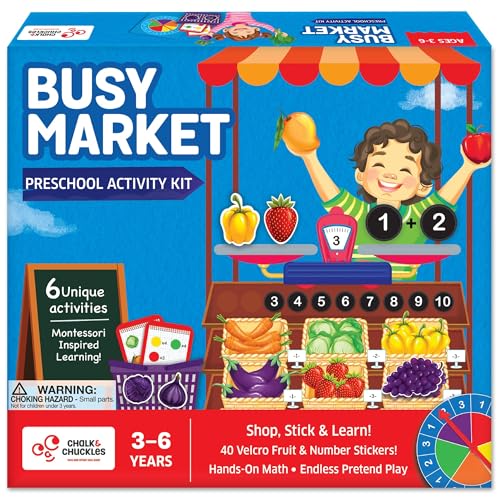 Image of Chalk & Chuckles Busy Market- 6-in-1 Preschool Learning Activity Box, Velcro Stickers for Sorting, Counting, Math, Pretend Play, Early STEM Toy, Educational Game, Gifts for Kids Ages 3, 4, 5, 6