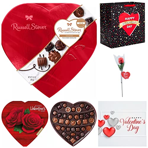 Russell Stover Red Foil Heart Box of Valentines Assorted Chocolates, Valentines Day Gifts - Includes Russel Stove chocolate -Premium Gift Bag -Elmer Valentine's Chocolate Heart Box- Lindt Lindor Milk Chocolate Truffles- FOIL WRAPPED CHOCOLATE ROS