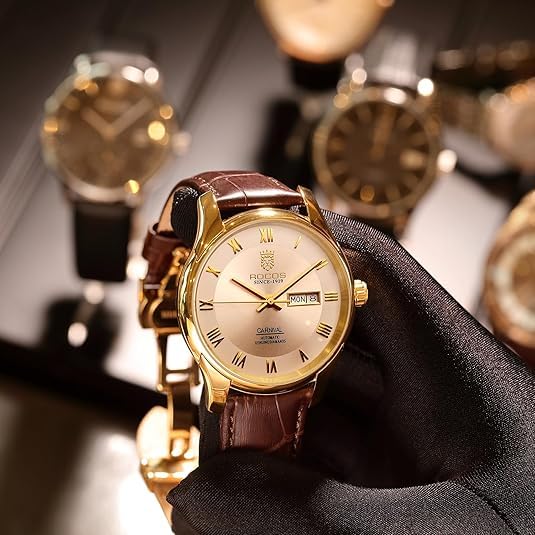Image of ROCOSJEWE Men's Watch Fashion Automatic Watches for Men Men's Mechanical Watch Leather Strap Waterproof Calendar Week Gift RW0131, White, Business, Leisure, Fashion, Classic