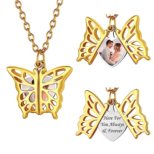 FindChic Gold Butterfly Locket Necklace for Women Personalized Picture Pendant Openable Photo Frame DIY Memorial Jewelry Loss of Mother Gift