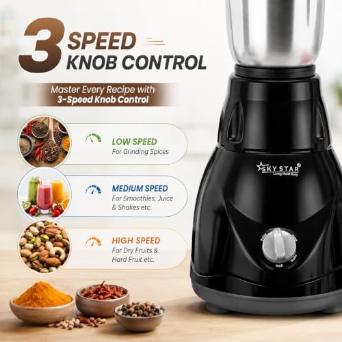 Image of Skystar 750W 4 Jar BIS Approved Juicer Mixer Grinder with Heavy Duty Motor, Premium Black Diamond Cut Body, 3 Speed Modes, Durable ABS Build, 2 Years Warranty
