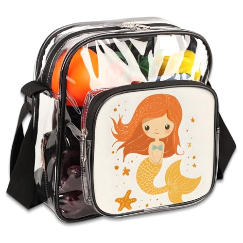 Clear Crossbody Bag Stadium Approved Orange Mermaids Transparent Bag for Festivals, Sports Events, Concerts,Beach Bag for Women Men Clear Purse with Front Pocket Messenger Bag with Adjustable Strap