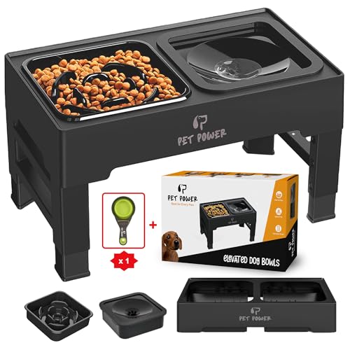 PET POWER Elevated Dog Bowls with Collapsible Scoop, Slow Feeder Dog Bowls & No-Spill Water Bowl, Raised Dog Bowl Stand 4 Adjustable Heights for Small, Medium & Large Dogs